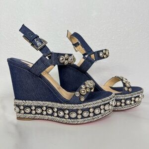 Louboutin Roundaclou 120 Blue Denim Wedge Sandals - Size 36